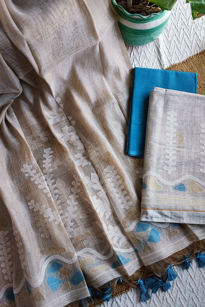 Beige With Blue Hint Chanderi Silk by Resham Woven Jamdani Suit