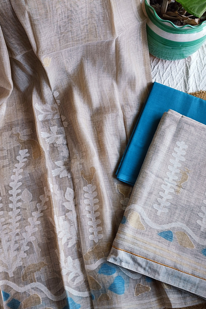 Beige With Blue Hint Chanderi Silk by Resham Woven Jamdani Suit