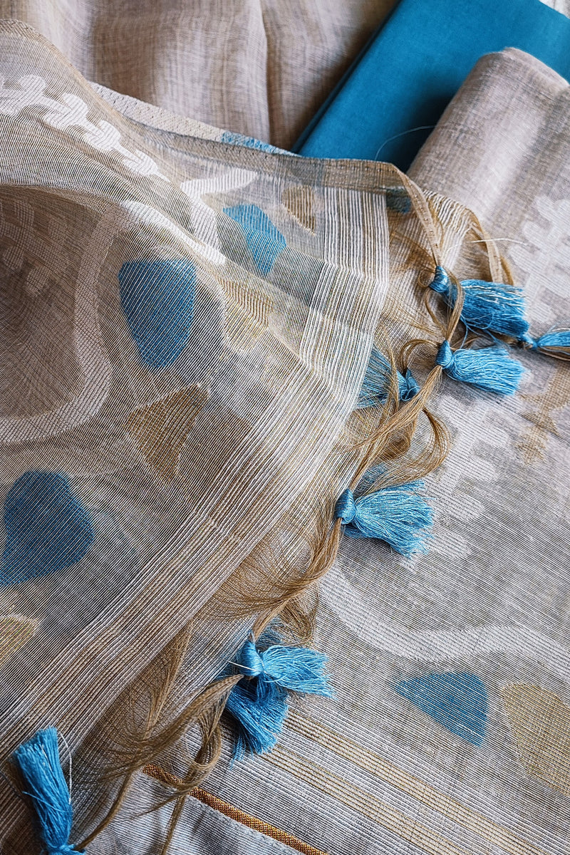 Beige With Blue Hint Chanderi Silk by Resham Woven Jamdani Suit