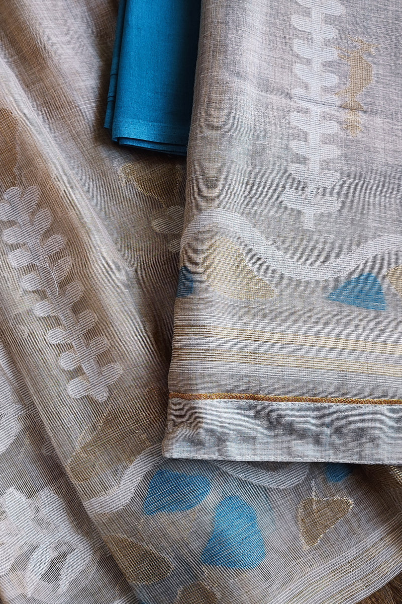 Beige With Blue Hint Chanderi Silk by Resham Woven Jamdani Suit