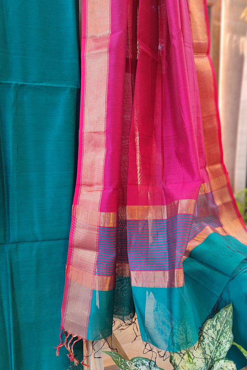 Teal Blue & Magenta Maheshwari Silk Suit Set