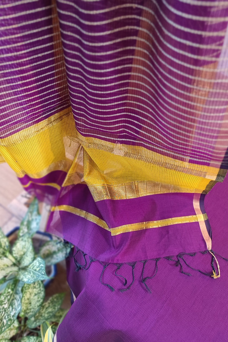 Mustard Yellow & Violet Maheshwari Silk Suit Se