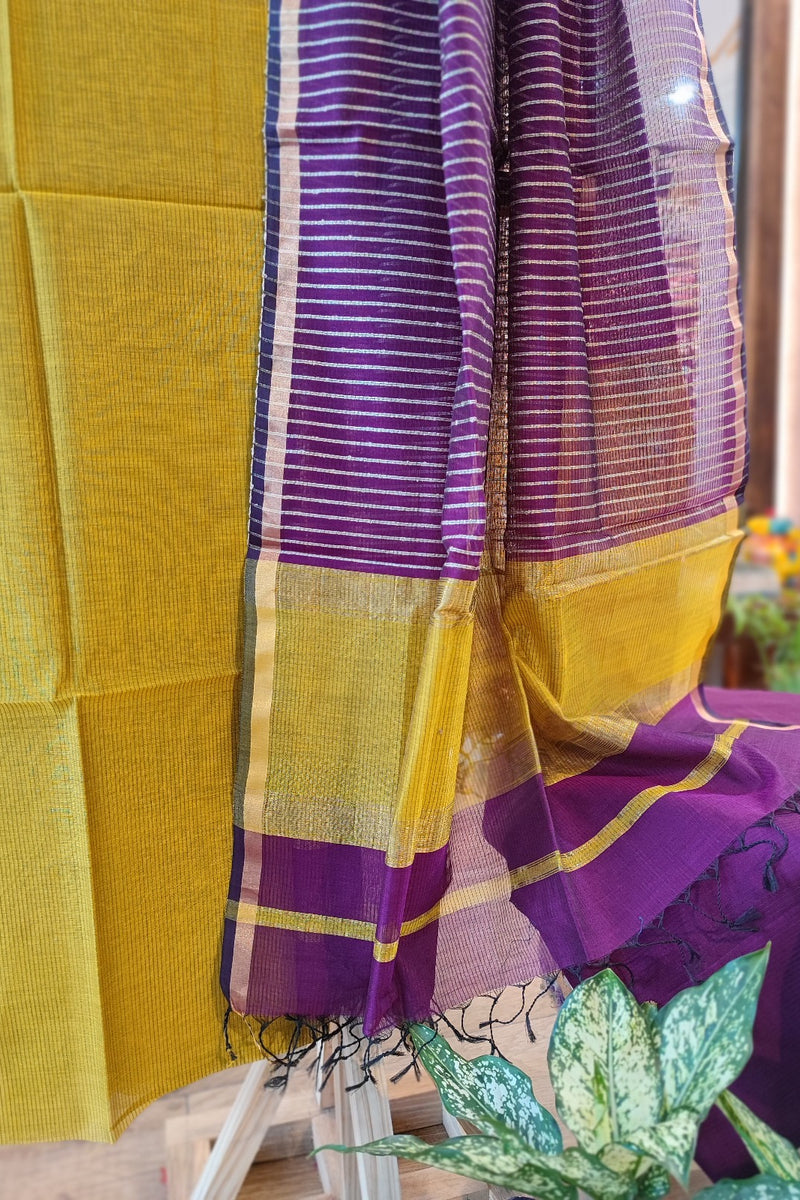 Mustard Yellow & Violet Maheshwari Silk Suit Se