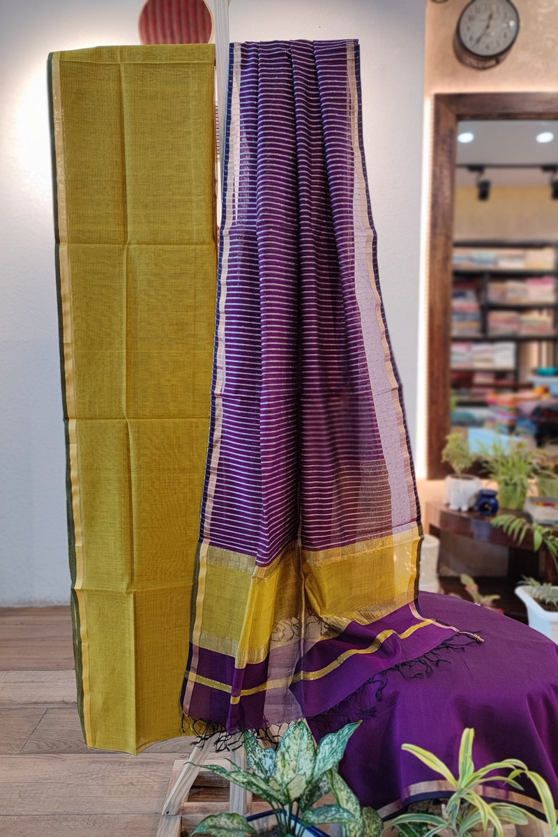 Mustard Yellow & Violet Maheshwari Silk Suit Set