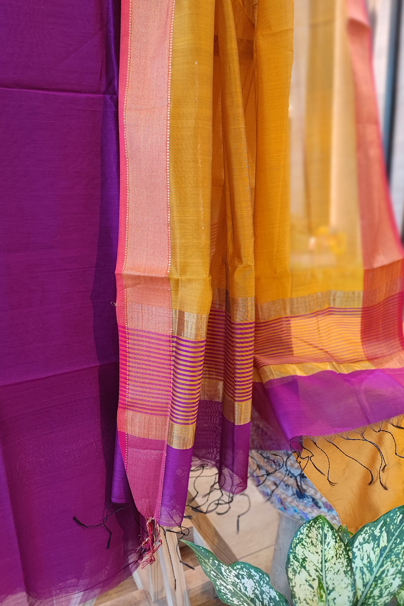 Purple & Mustard Maheshwari Silk Suit Set