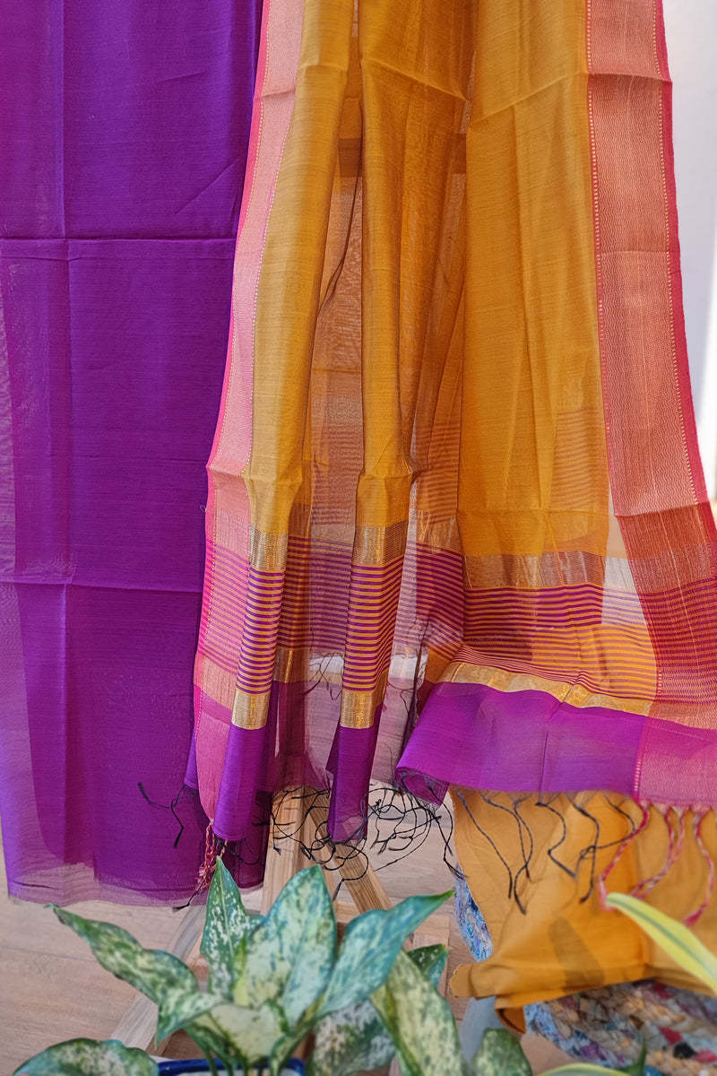 Purple & Mustard Maheshwari Silk Suit Set