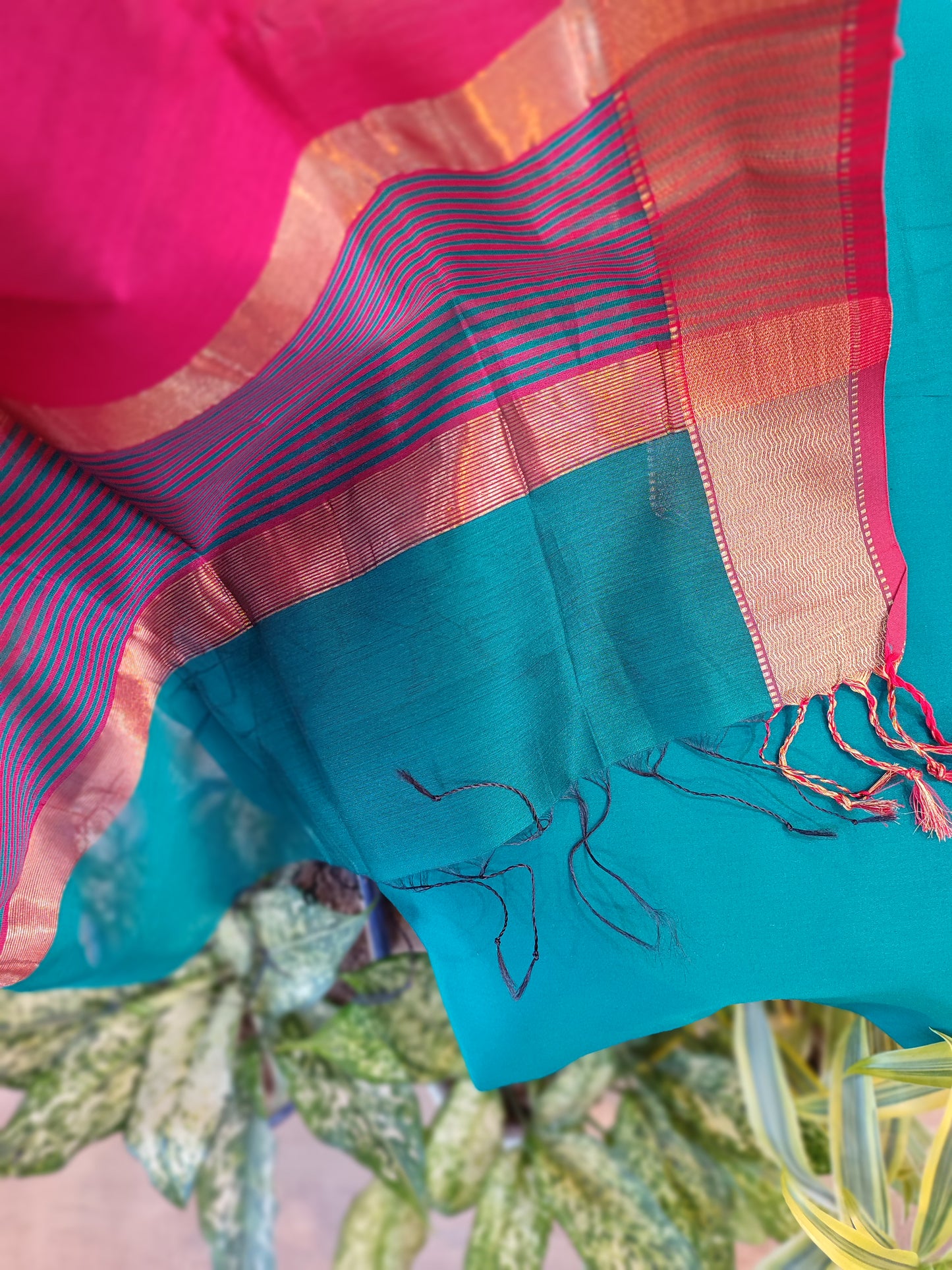Teal Blue & Magenta Maheshwari Silk Suit Set