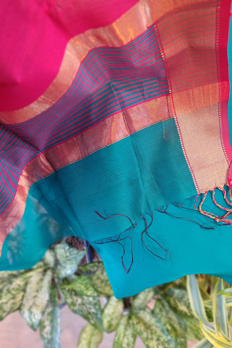 Teal Blue & Magenta Maheshwari Silk Suit Set