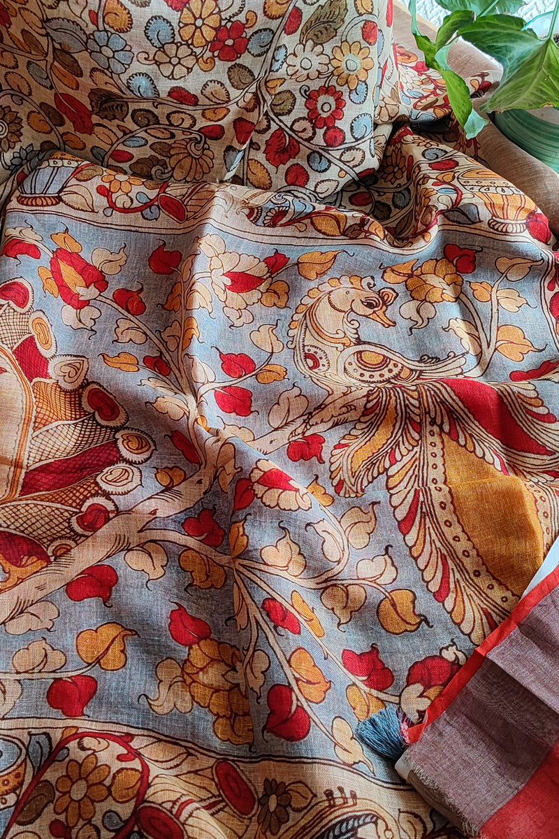 Peach & Coral Red Floral Printed Saree with Tassels Detailing