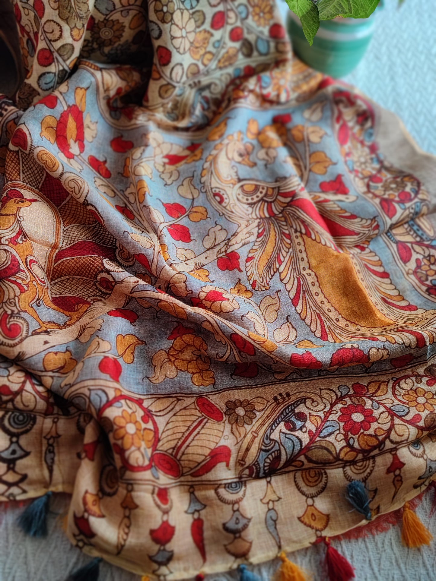 Peach & Coral Red Floral Printed Saree with Tassels Detailing