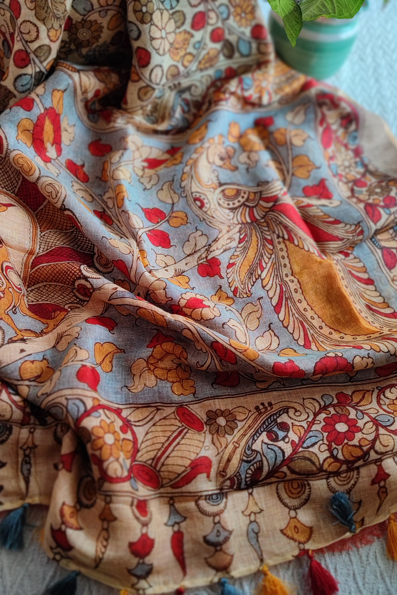 Peach & Coral Red Floral Printed Saree with Tassels Detailing