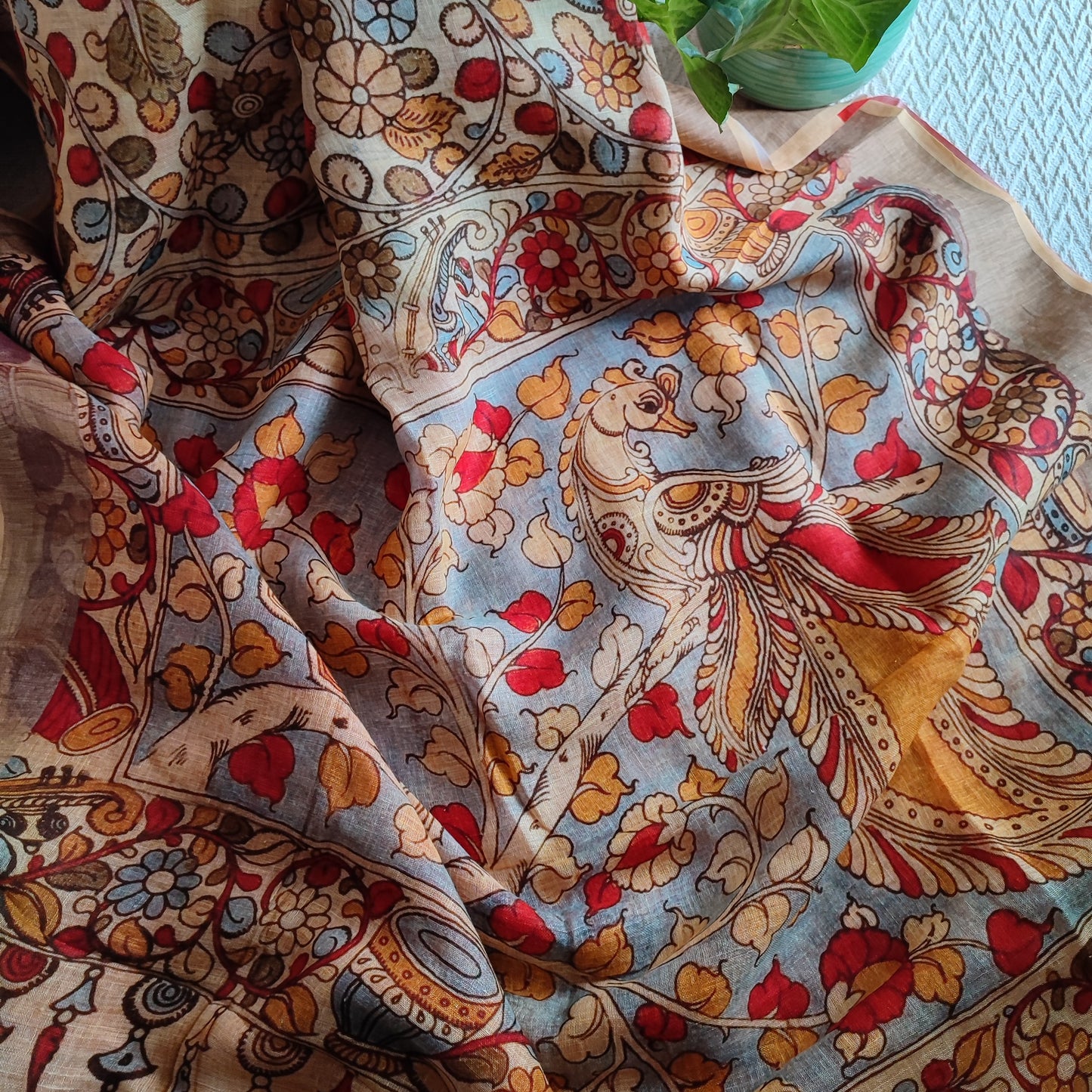 Peach & Coral Red Floral Printed Saree with Tassels Detailing