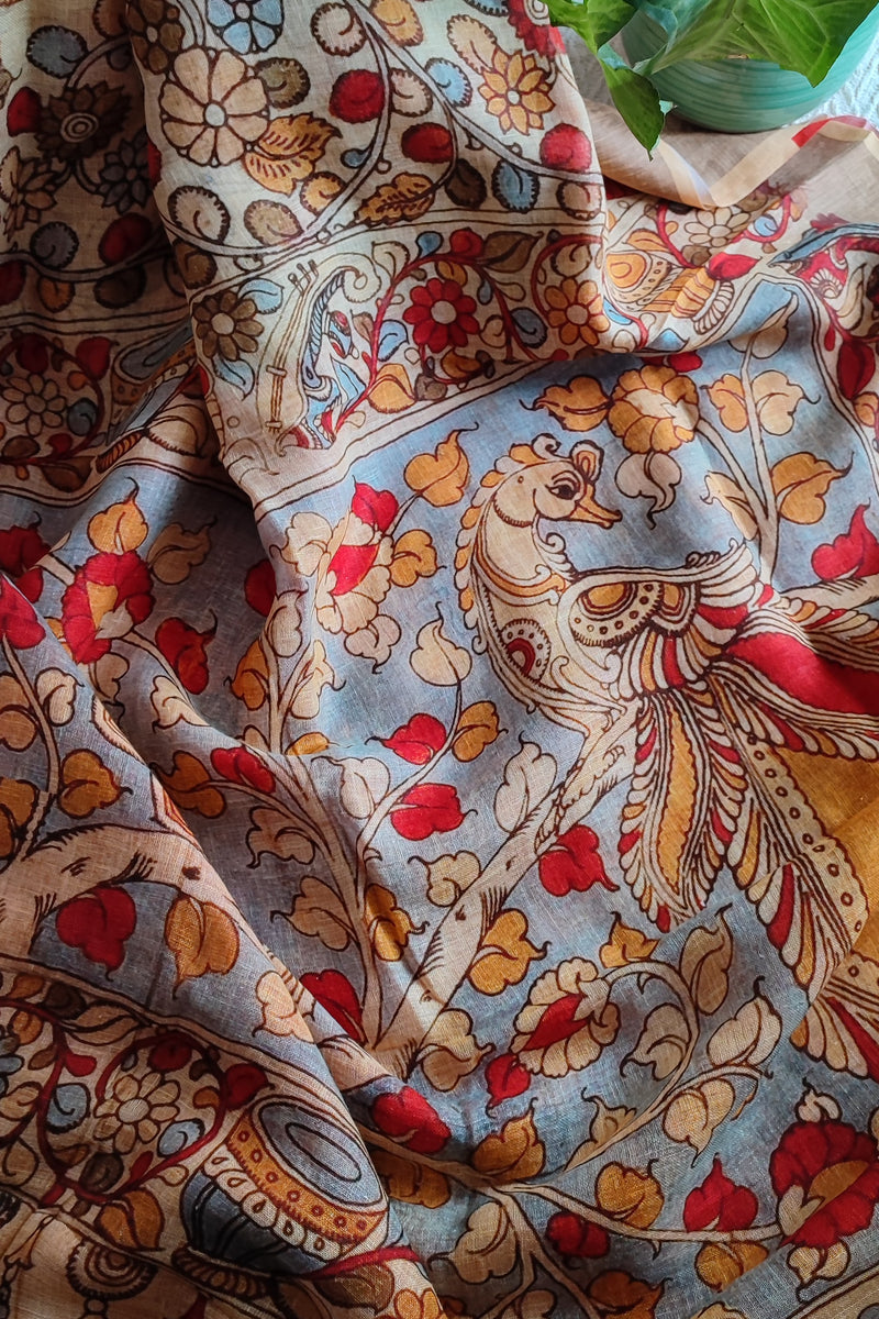 Peach & Coral Red Floral Printed Saree with Tassels Detailing