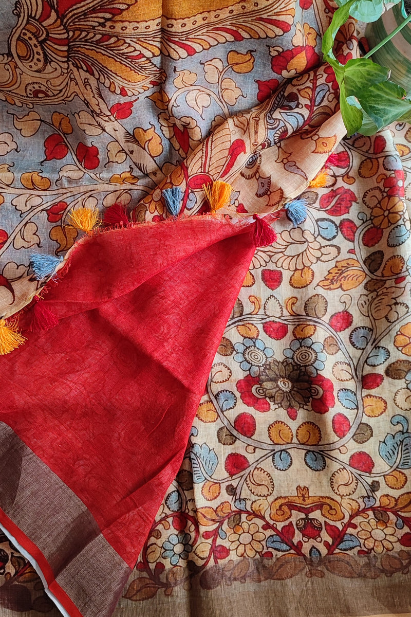 Peach & Coral Red Floral Printed Saree with Tassels Detailing