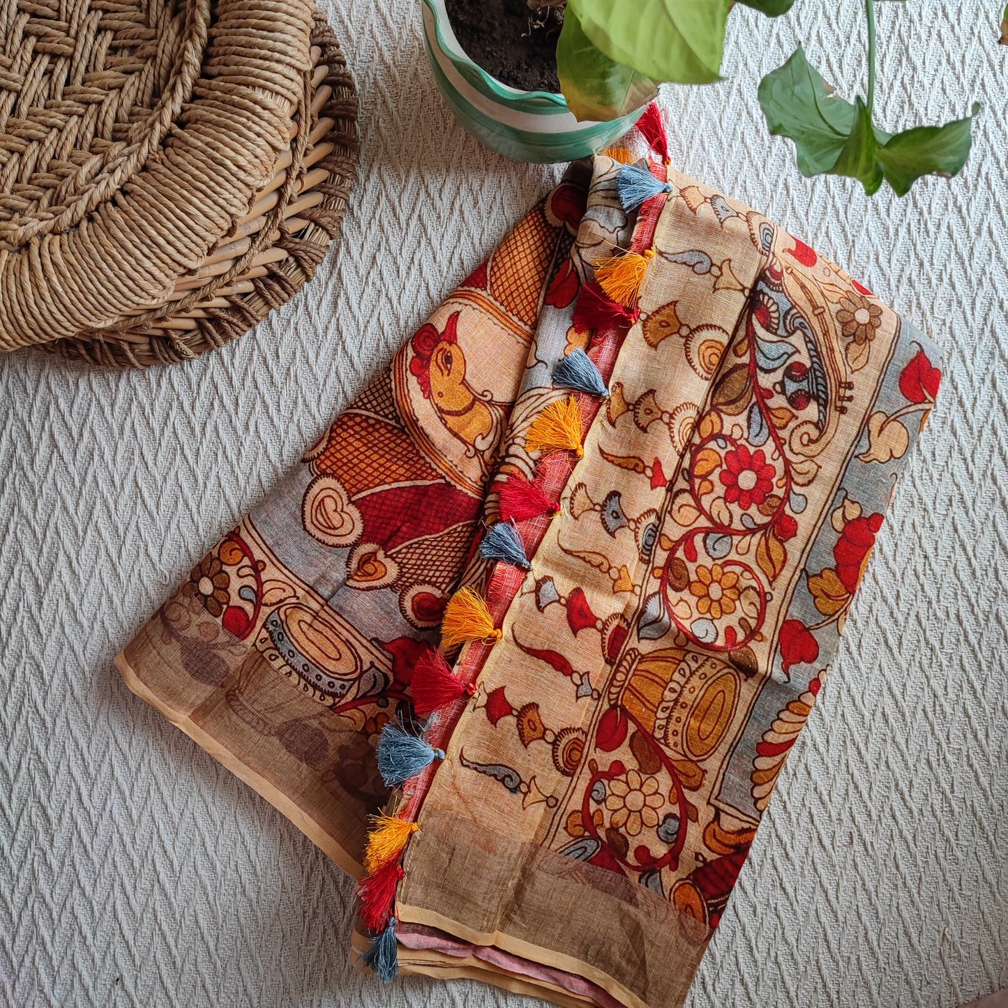 Peach & Coral Red Floral Printed Saree with Tassels Detailing