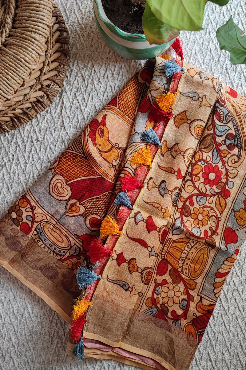 Peach & Coral Red Floral Printed Saree with Tassels Detailing