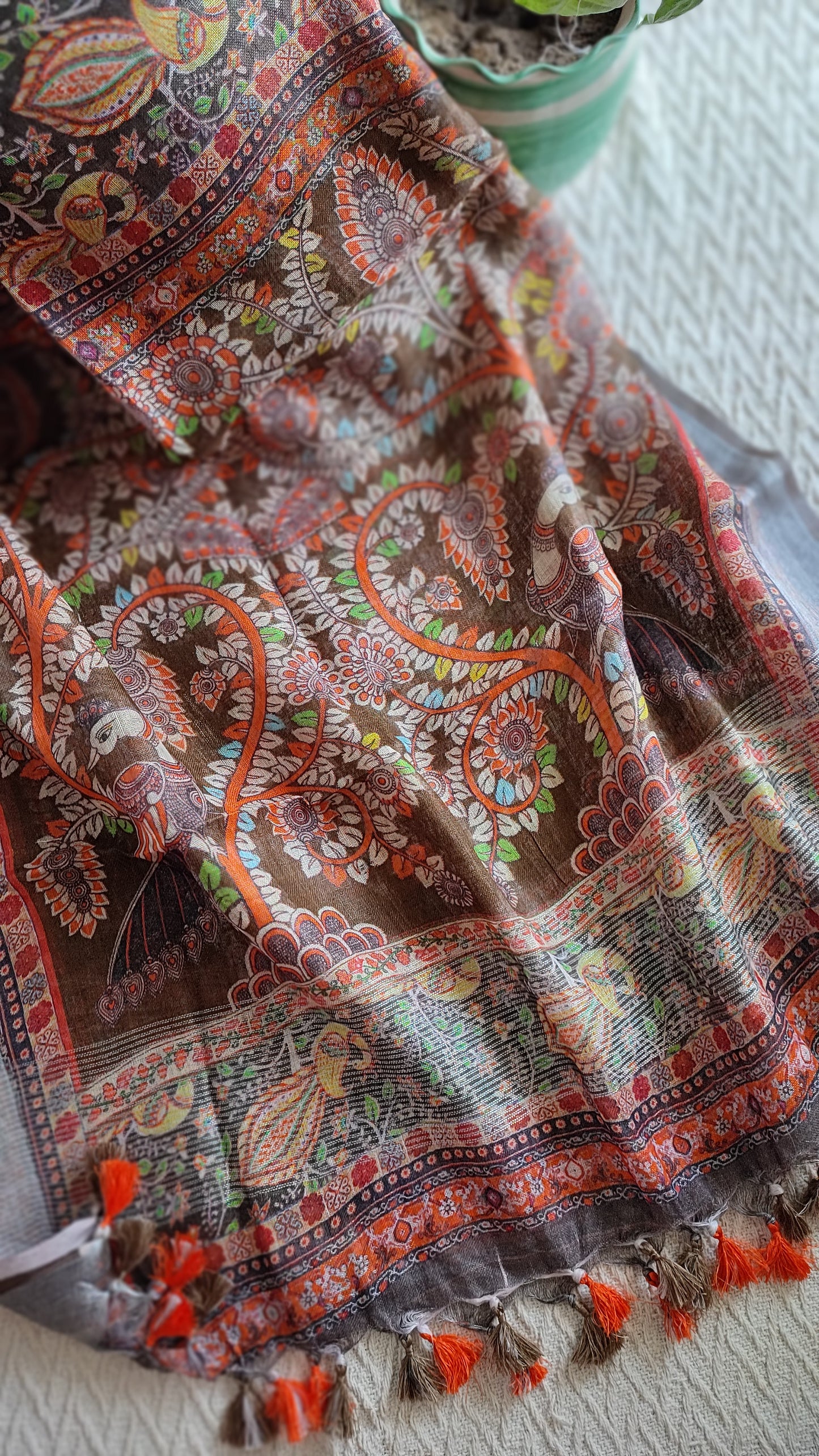 Brown Pure Linen Kalamkari Printed Dupatta with Tassels Detailing