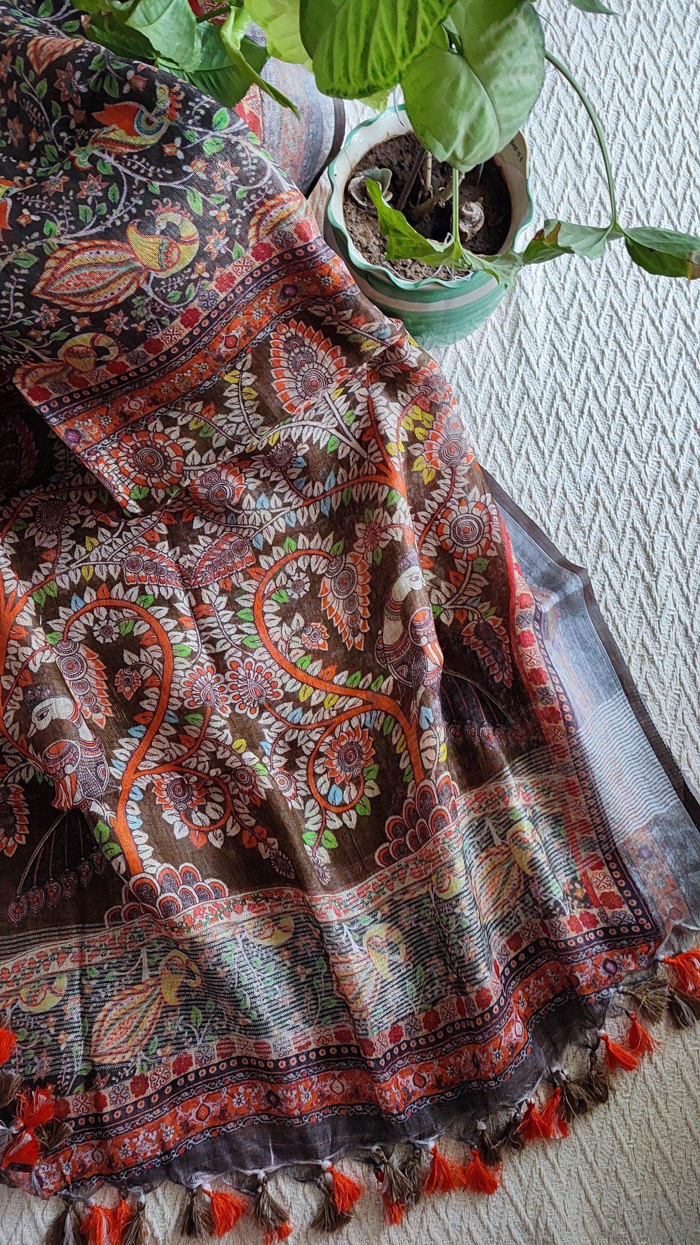 Brown Pure Linen Kalamkari Printed Dupatta with Tassels Detailing
