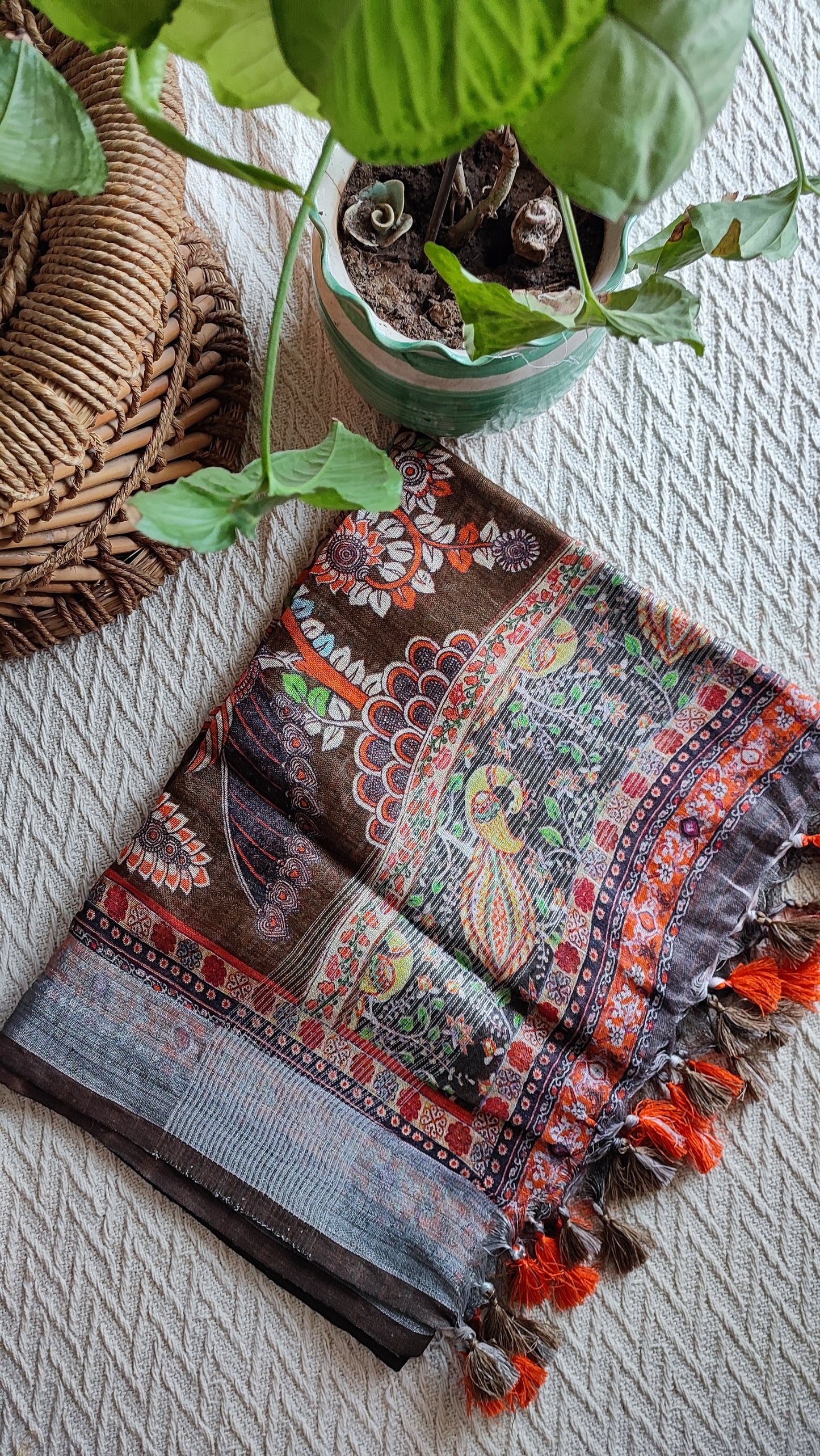 Brown Pure Linen Kalamkari Printed Dupatta with Tassels Detailing