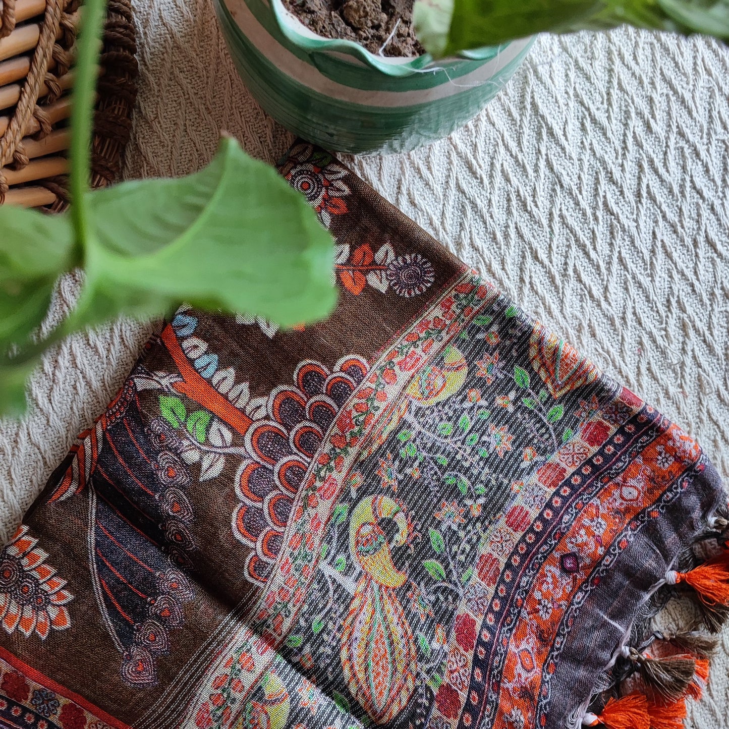Brown Pure Linen Kalamkari Printed Dupatta with Tassels Detailing