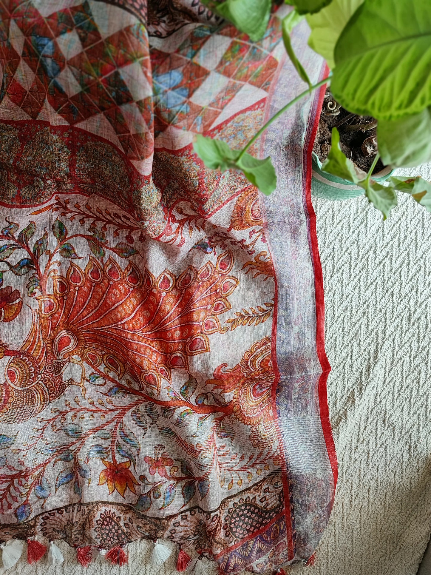 Orange & White Pure Linen Kalamkari Printed Dupatta with Tassels Detailing