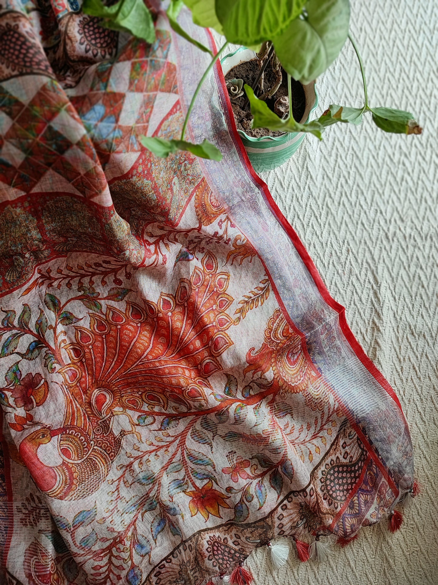 Orange & White Pure Linen Kalamkari Printed Dupatta with Tassels Detailing