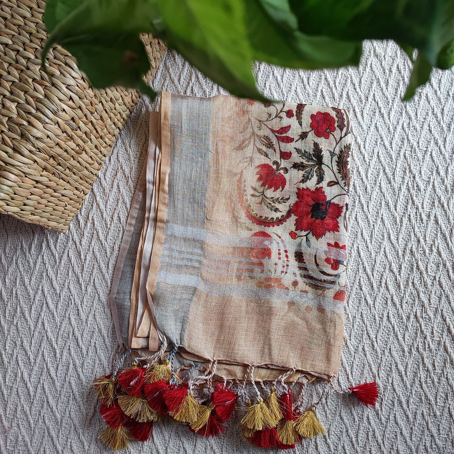 Peaches & Cream Pure Linen Kalamkari Printed Dupatta