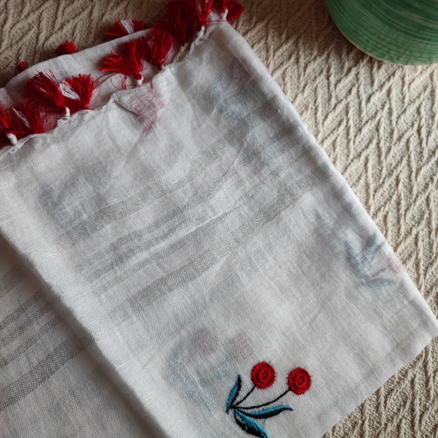 White Pure Linen Embroidered Dupatta with Tassels Detailing