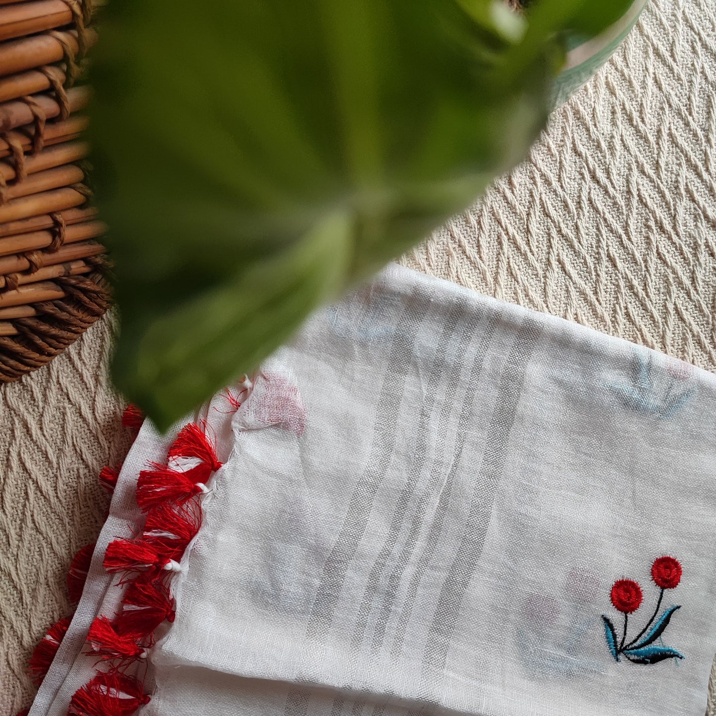 White Pure Linen Embroidered Dupatta with Tassels Detailing