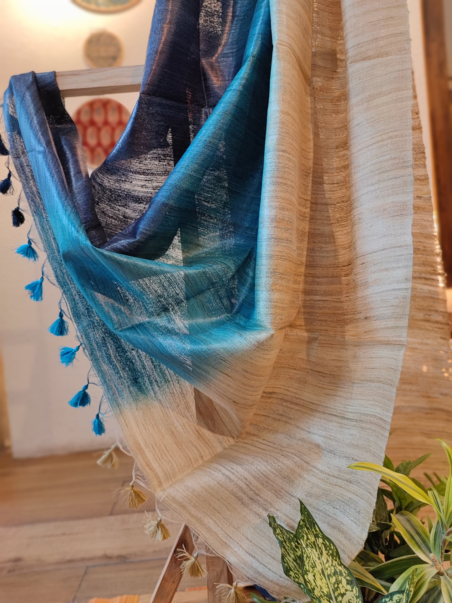 Peacock Blue & White Tussar GheechaSilk Dupatta