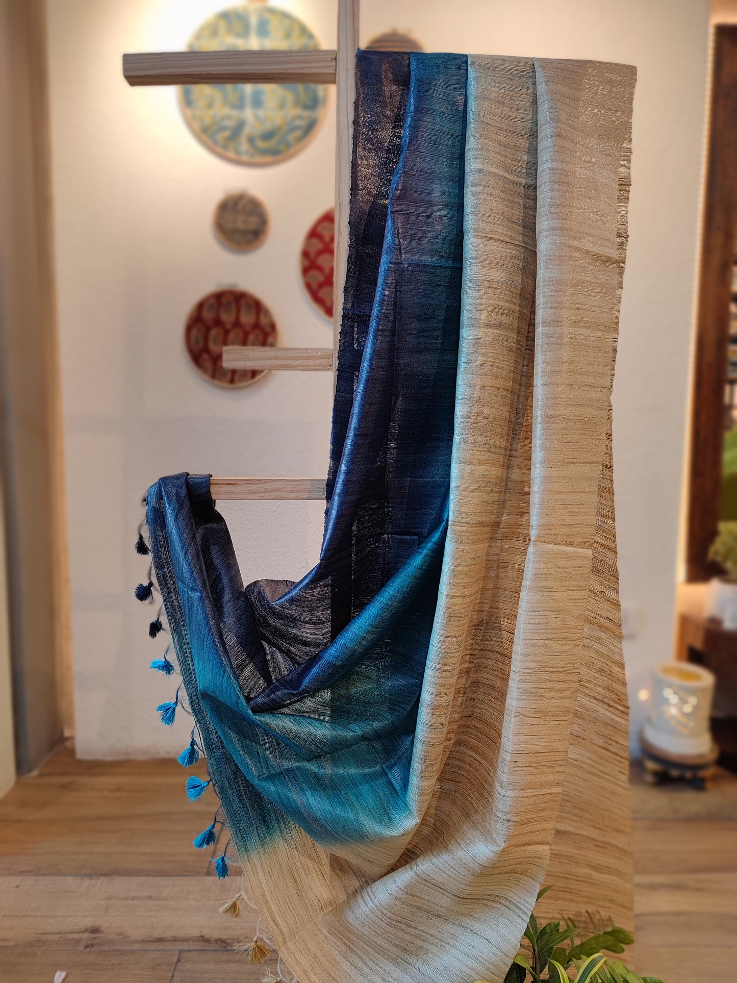 Peacock Blue & White Tussar GheechaSilk Dupatta