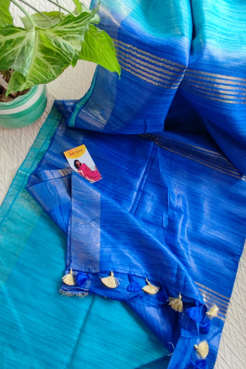 Cobalt and Arctic Blue Tassar Gheecha Silk Saree