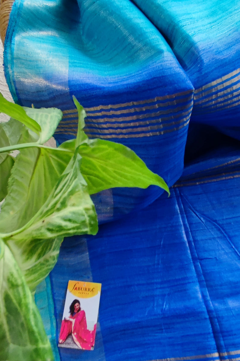Cobalt and Arctic Blue Tassar Gheecha Silk Saree