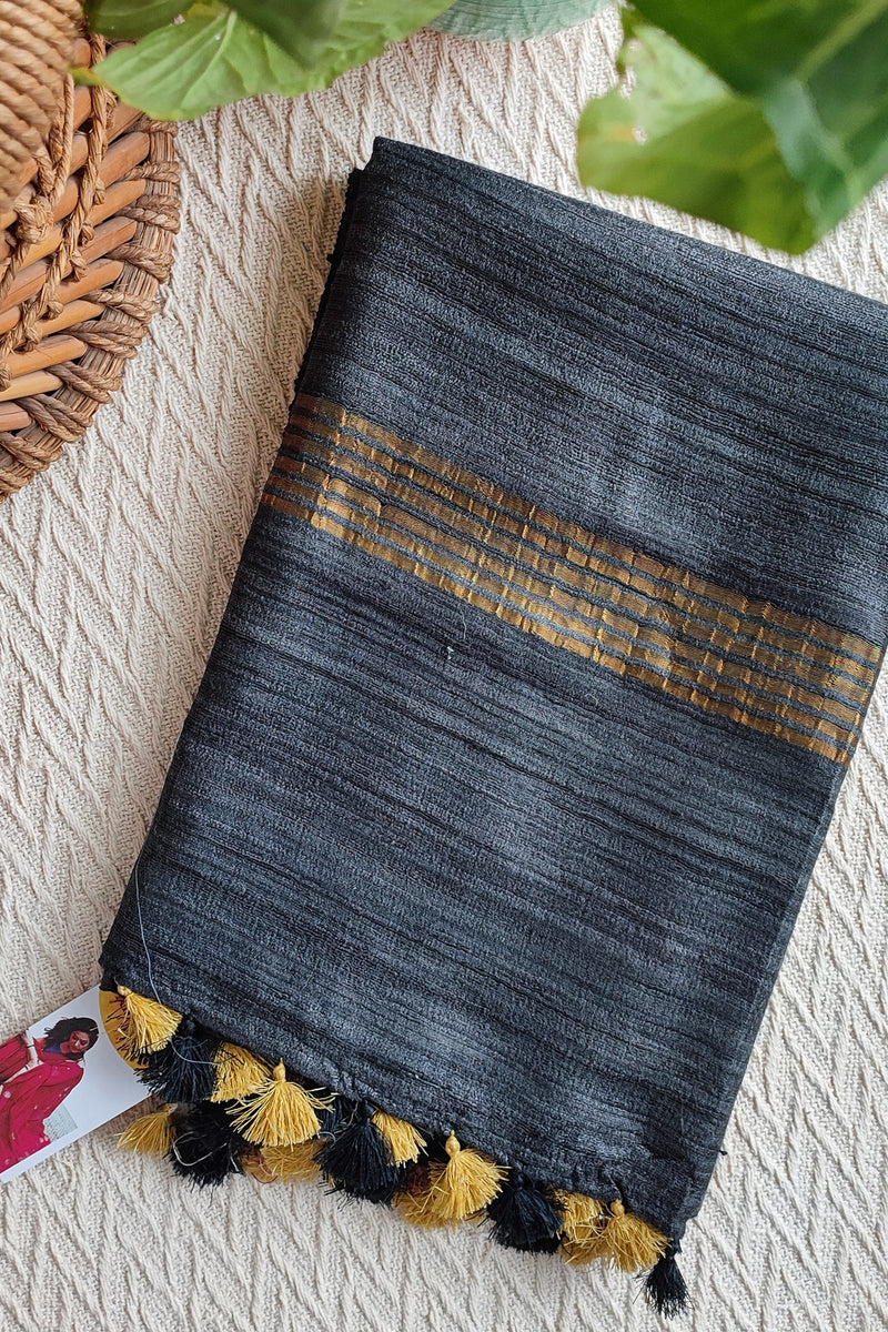 Black & Gold Tassar Gheecha Silk Saree