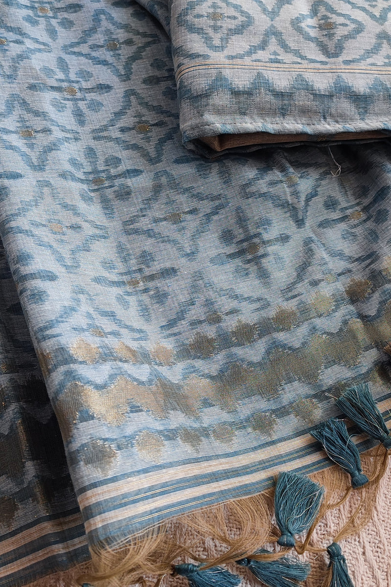 Ocean Blue And Beige Chanderi Silk by Resham Woven Jamdani Suit