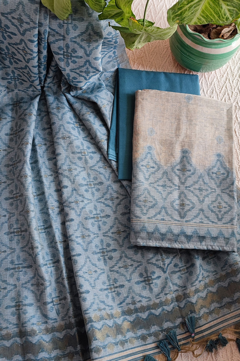 Ocean Blue And Beige Chanderi Silk by Resham Woven Jamdani Suit