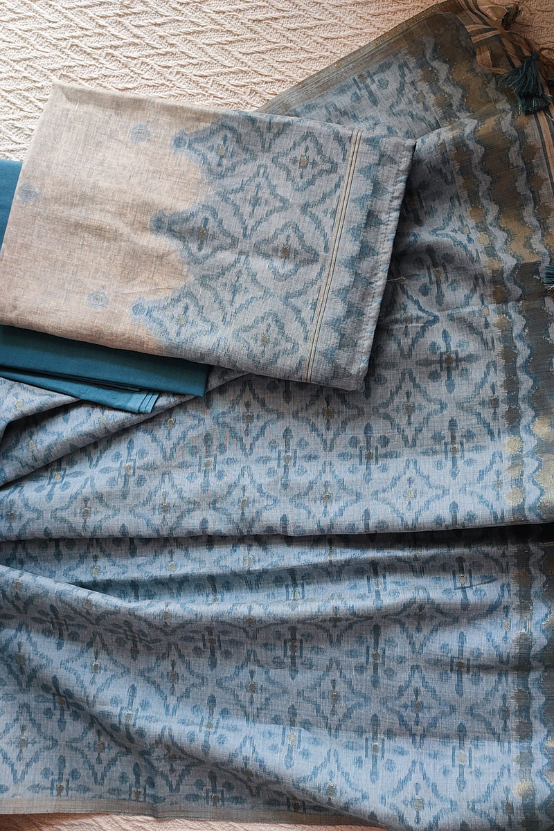 Ocean Blue And Beige Chanderi Silk by Resham Woven Jamdani Suit