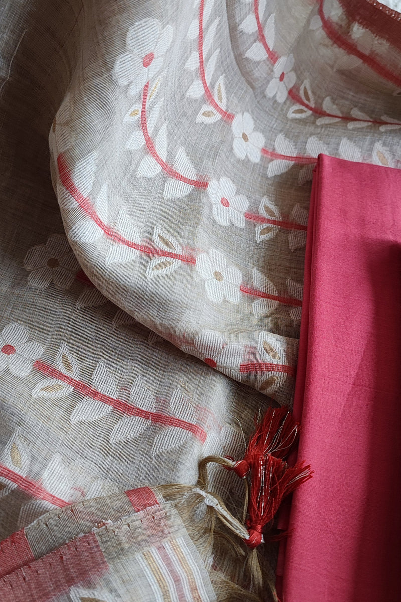 Hint Of Red And Beige Chanderi Silk by Resham Woven Jamdani Suit