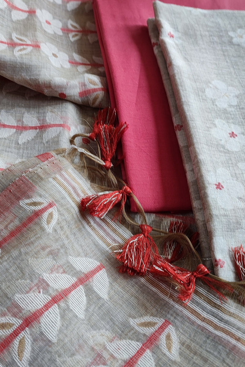 Hint Of Red And Beige Chanderi Silk by Resham Woven Jamdani Suit