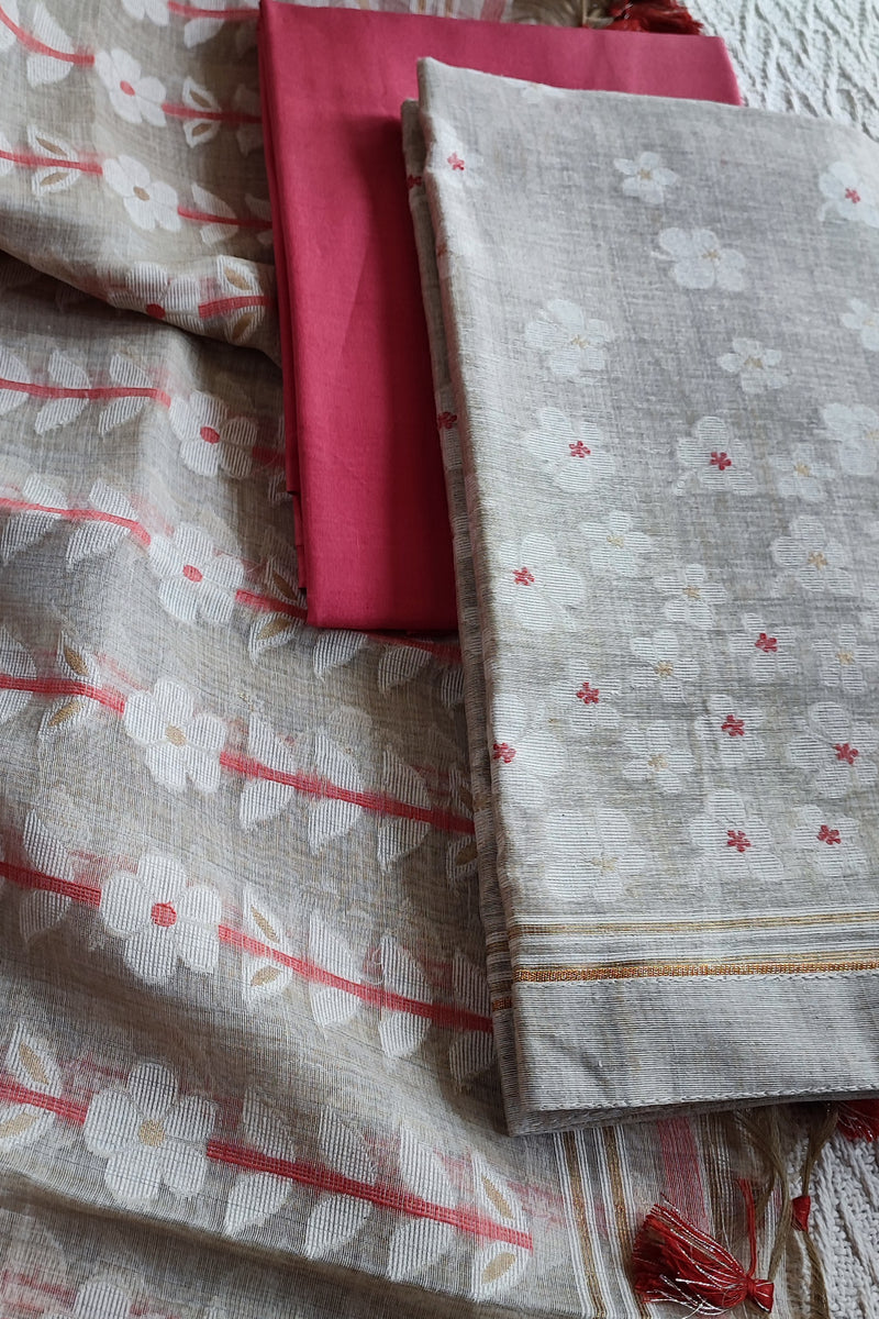 Hint Of Red And Beige Chanderi Silk by Resham Woven Jamdani Suit