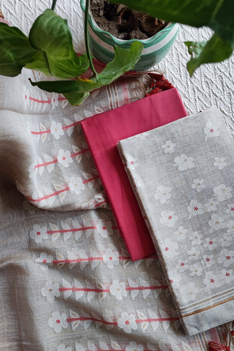 Hint Of Red And Beige Chanderi Silk by Resham Woven Jamdani Suit