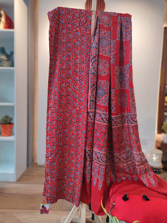 Rustic Red Premium Ajrakh Modal Silk Handblock Printed Suit Set