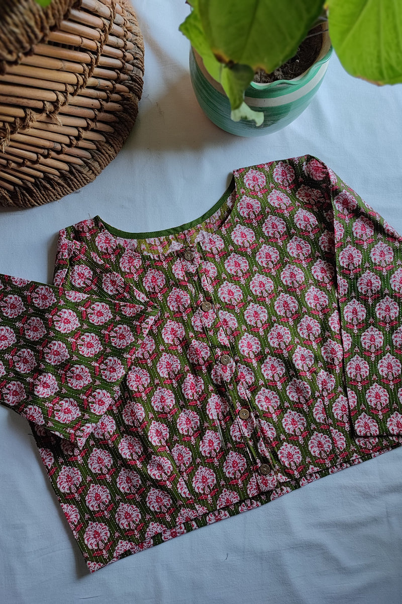Moss Green & Pink Pure Cotton Handblock Printed Contemporary Blouse/ Crop Top