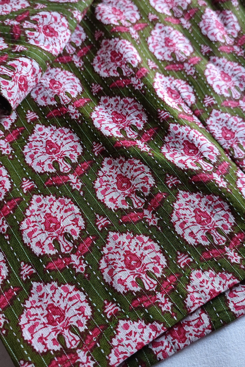 Moss Green & Pink Pure Cotton Handblock Printed Contemporary Blouse/ Crop Top