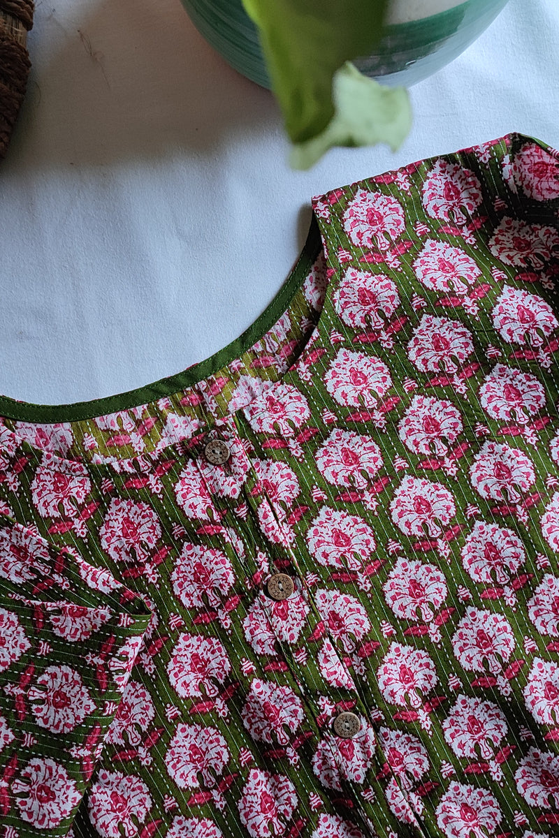 Moss Green & Pink Pure Cotton Handblock Printed Contemporary Blouse/ Crop Top