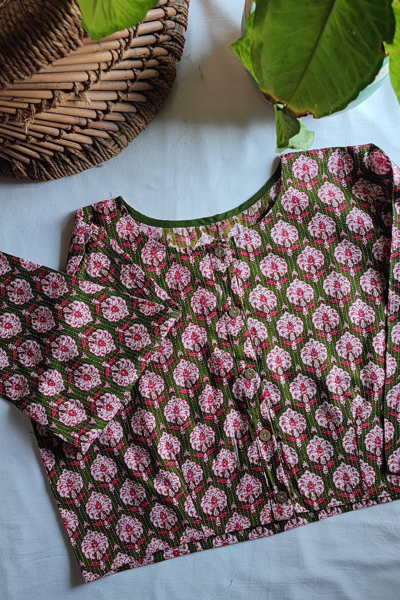 Moss Green & Pink Pure Cotton Handblock Printed Contemporary Blouse/ Crop Top