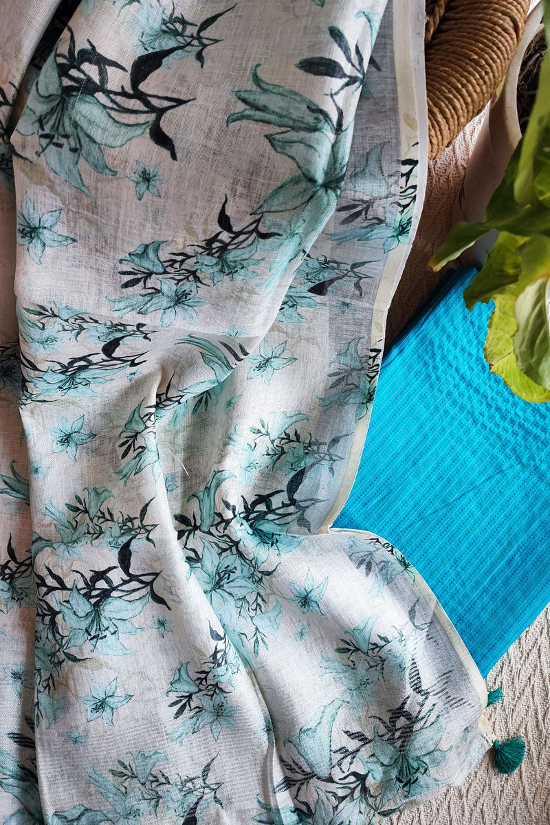 Sky Blue Monochromatic Cotton Kurta with Digital Print Floral Linen Dupatta (Variation 5)
