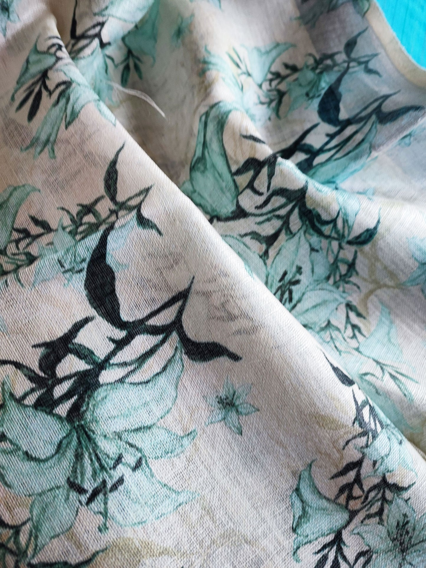 White & Black Pure Linen Blue Flower Printed Dupatta with Tassels Detailing