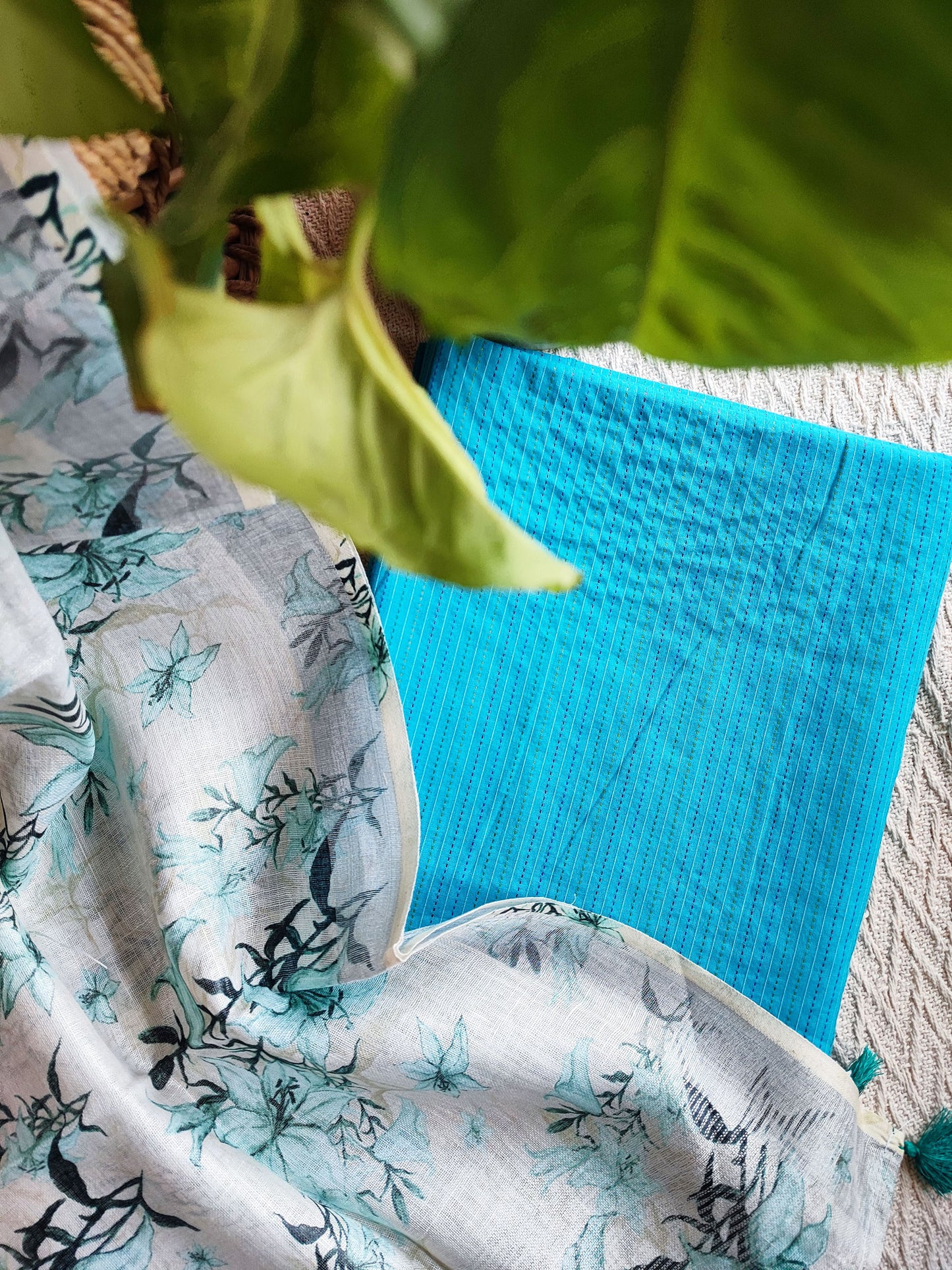 Sky Blue Monochromatic Cotton Kurta with Digital Print Floral Linen Dupatta (Variation 5)