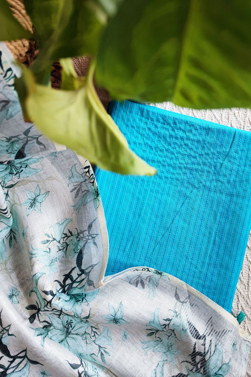 Sky Blue Monochromatic Cotton Kurta with Digital Print Floral Linen Dupatta (Variation 5)